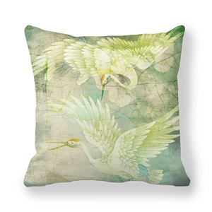 Detail of artistic crane print on square peach skin pillowcase with Nordic landscape style