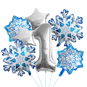 6pcs snowflake balloon set with silver number 1 and stars for 1st birthday decor