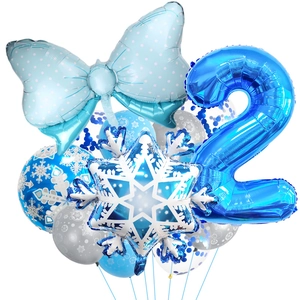 Winter snowflake themed 2nd birthday balloon set with blue bow and metallic balloons