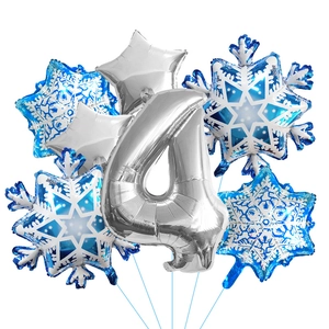 Detail of silver number 4 balloon with snowflakes and stars for frozen theme party decor