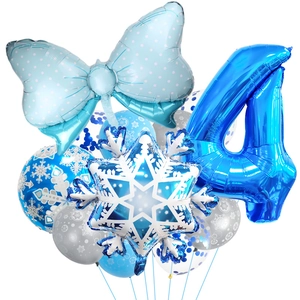 Winter snowflake balloon set featuring blue bow and number 4 for birthday party decor