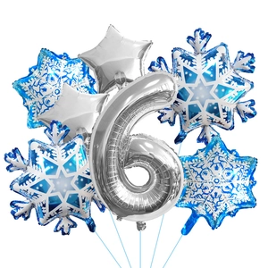 Close-up of silver number 6 balloon with blue snowflakes and star balloons for 6th birthday
