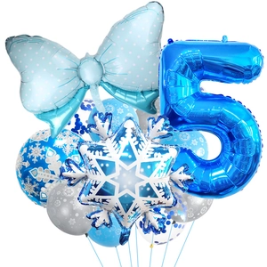 Macro view of blue number 5 foil balloon with snowflake details for birthday parties