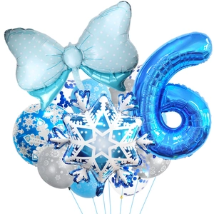 Blue Frozen theme party set with number 6 balloon, snowflake foil and latex balloons