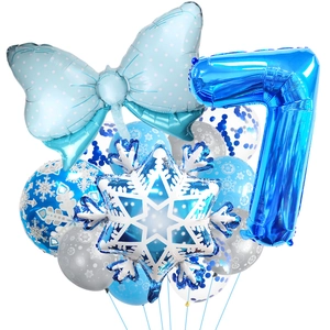 Blue 7th birthday balloon set with snowflake patterns and a large metallic number 7