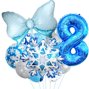 Detail of blue number 8 foil balloon with snowflake pattern for frozen winter party decor