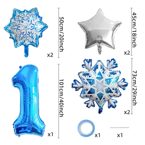 Blue number 1 foil balloon set with snowflake and star designs for birthday parties