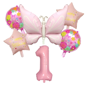 6-piece pink bow balloon set including number 1 and Happy Birthday star shapes