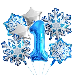 Blue number 1 balloon set with snowflake and silver star foil balloons for birthday decor