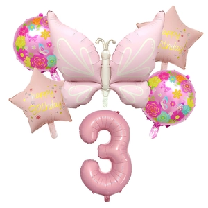 Pink bow and floral balloon set with number 3 for girls birthday party decoration