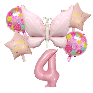 Pink butterfly balloon set with flower stars and number 4 for girl 4th birthday party