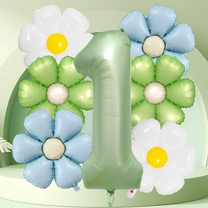 Set de globo número 1 verde salvia con margaritas para decoración de fiesta de cumpleaños