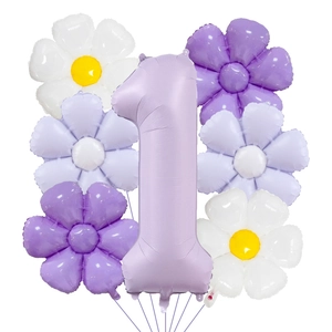 Détail du ballon chiffre 1 violet mat de 40 pouces avec des ballons marguerites colorés