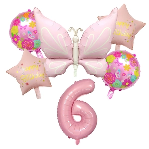 Detail of pink butterfly balloon set with happy birthday stars for kids party