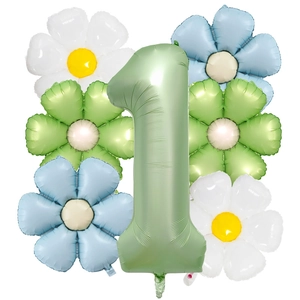 Detailed set of 7 balloons including a matte green number 1 and colorful daisy flowers