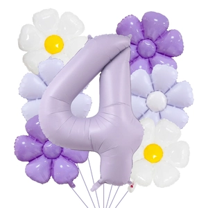 Ballon chiffre 4 violet mat de 40 pouces avec ballons marguerites pour fête d'anniversaire