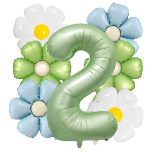 Detail of olive green number 2 foil balloon with assorted colorful daisy flower balloons
