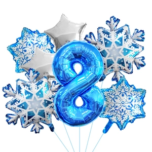 Blue number 8 balloon with snowflake and star foil balloons for frozen theme party