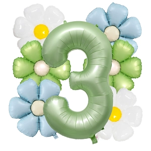 Olive green number 3 foil balloon set with six daisy flower balloons for party decor