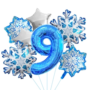 Close-up of number 9 balloon set with silver stars and blue snowflakes for 9th birthdays