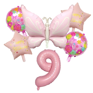 Detailed 6-piece pink butterfly and number 9 balloon set for girls 9th birthday party