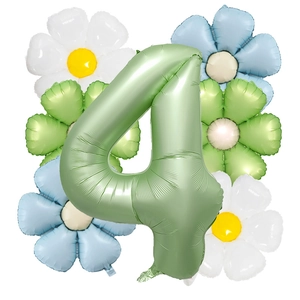 Detail of matte olive green number 4 balloon with daisy flower foil balloons for party