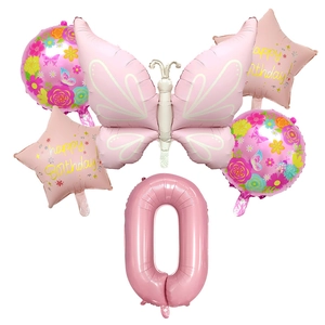 Detailed set of matte pink birthday balloons including butterfly and star shapes
