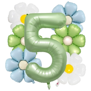Olive green number 5 foil balloon set with white and blue daisy floral decorations