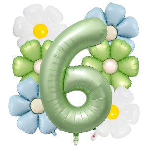 Detail of matte olive green number 6 foil balloon with white and blue daisy floral accents