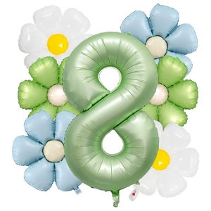 Detail of matte olive green number 8 balloon with daisy foil balloons for party decor