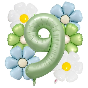 Close-up of olive green number 9 balloon with assorted daisy balloons for party décor