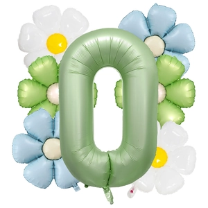 Detail of matte olive green number 0 foil balloon with colorful daisy floral decorations