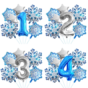 Snow Theme Foil Number Balloon Frozen Style Blue Snowflake Aluminum Film Balloons For Birthday Party Christmas Winter Decor