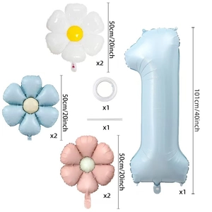 Ballon chiffre 1 bleu mat 40 pouces avec ensemble de ballons marguerites roses et blancs