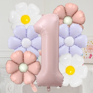 40-inch matte number 1 balloon set with colorful daisy floral decorations for parties