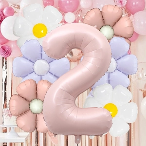 40-inch matte baby pink number 2 balloon set with daisies for birthday party decor