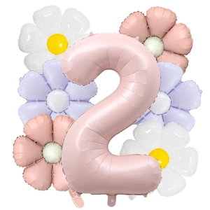 Detail of 40-inch matte pink number 2 balloon with five colorful daisy flower foil balloons
