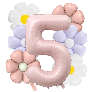 Detail of pink number 5 foil balloon set with daisy flower decorations for kids birthday
