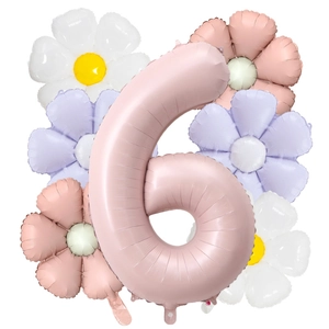 Detail view of matte pink 40 inch number 6 balloon with colorful daisy floral decorations