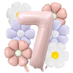 Detailed view of matte baby pink number 7 balloon with colorful daisy flower balloons
