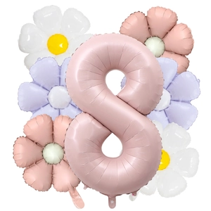 Detail view of 40-inch matte pink number 8 foil balloon with macaron daisy flowers