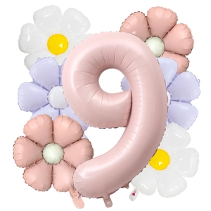 Detail of matte baby pink number 9 balloon with pastel daisy floral accents for birthdays