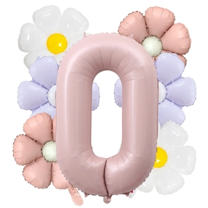 Macro detail of 40-inch matte pink number 0 balloon and decorative daisy balloons