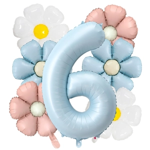 Ballon chiffre 6 bleu bébé mat de 40 pouces avec ensemble de marguerites roses