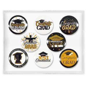 Detail of 8-piece graduation tinplate badges set with Congrats Grad and gold designs