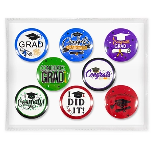 Detailed set of 8 graduation tinplate badges with colorful designs and celebratory text