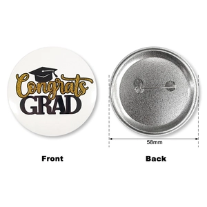 Front and back view of 58mm graduation tinplate badge with Congrats GRAD text and pin