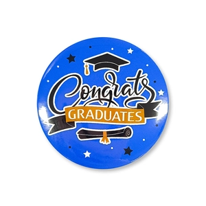 Blue Congrats Graduates tinplate badge with graduation cap and diploma on white background