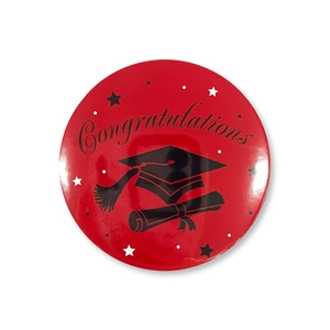 Detail of red graduation badge with black Congratulations text and mortarboard icon