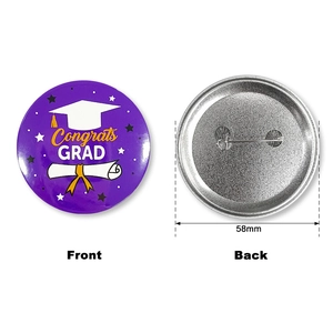 58mm graduation tinplate badge with Congrats GRAD text and safety pin back view